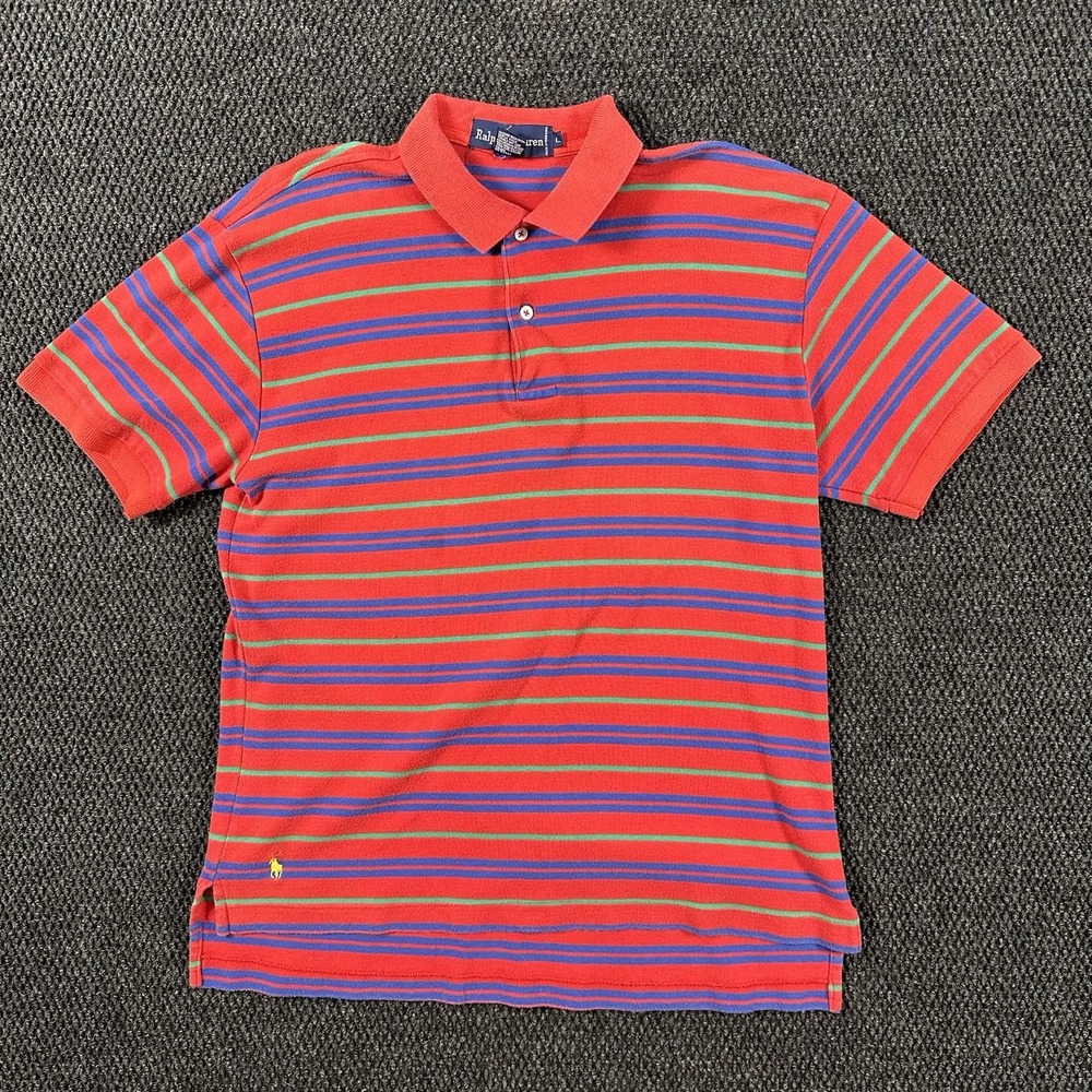 Vintage Ralph Lauren Polo Shirt Men's Small Red Navy Striped Yellow Pony (Tag L)